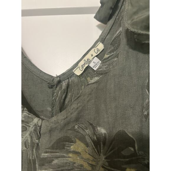 Women’s Small 100% Linen Olive Print Wide Jumpsuit Shoulder Bows Boho Lagenlook - Picture 9 of 16